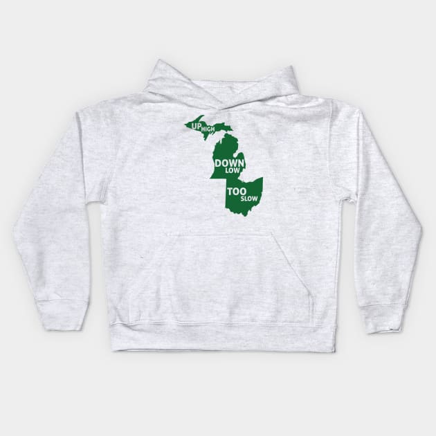 Up High Down Low Too Slow - Green Kids Hoodie by sadsquatch
